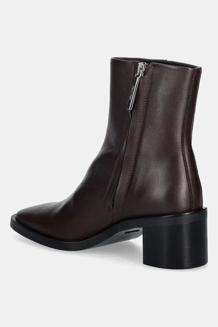 CALVIN KLEIN Кожени боти BLOCK HEEL ZIP BOOT LTH в кафяво с дебел ток HW0HW02593