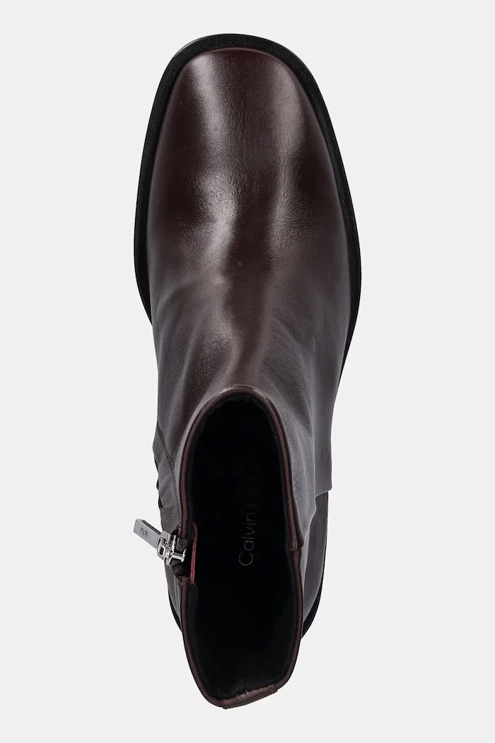 CALVIN KLEIN Кожени боти BLOCK HEEL ZIP BOOT LTH в кафяво с дебел ток HW0HW02593