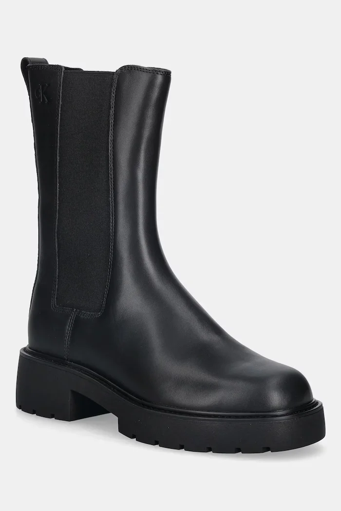 CALVIN KLEIN Кожени боти челси CHUNKY HIGH CHELSEA в черно с равна подметка YW0YW01909