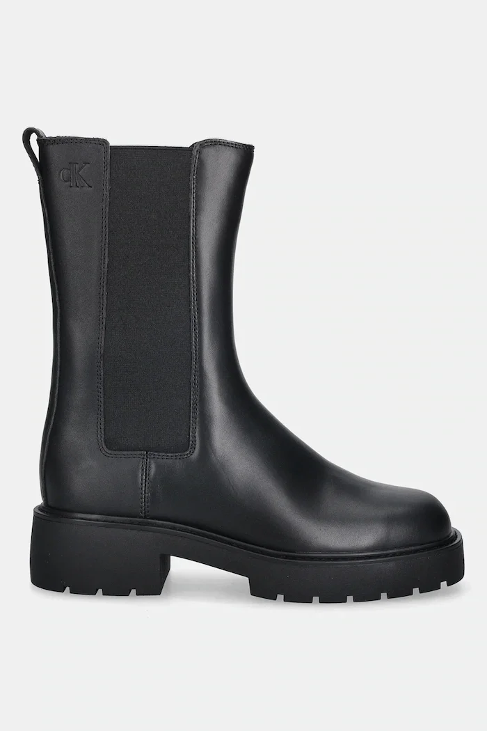 CALVIN KLEIN Кожени боти челси CHUNKY HIGH CHELSEA в черно с равна подметка YW0YW01909