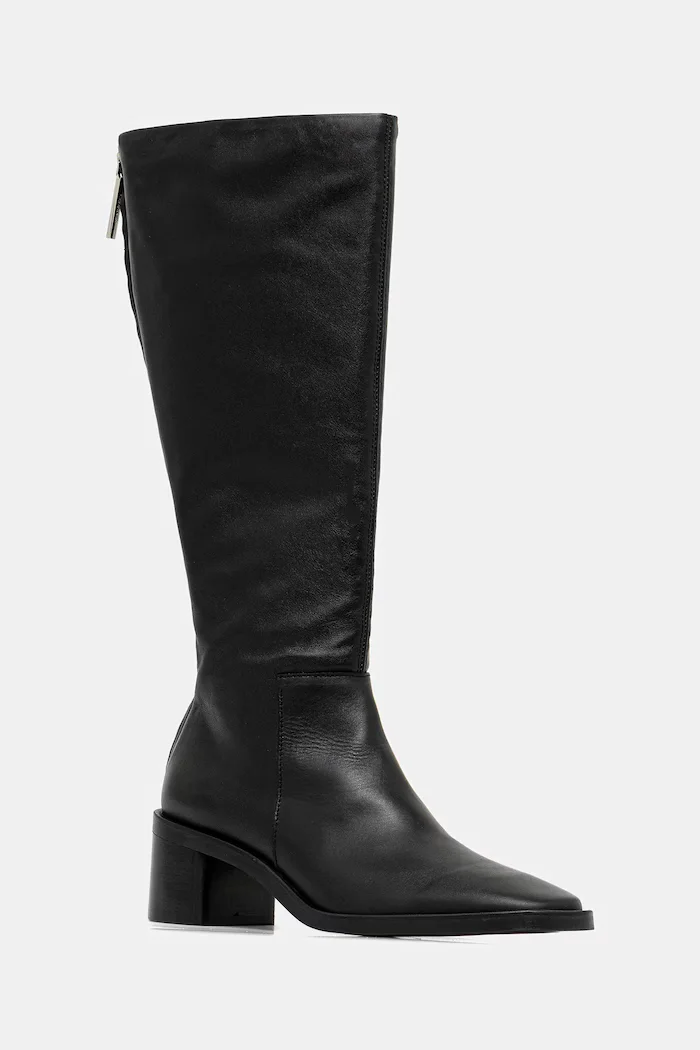 CALVIN KLEIN Кожени ботуши BLOCK HEEL KNEE BOOT LTH в черно с дебел ток HW0HW02812