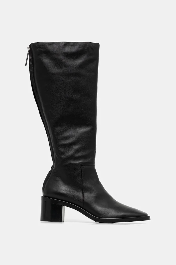 CALVIN KLEIN Кожени ботуши BLOCK HEEL KNEE BOOT LTH в черно с дебел ток HW0HW02812