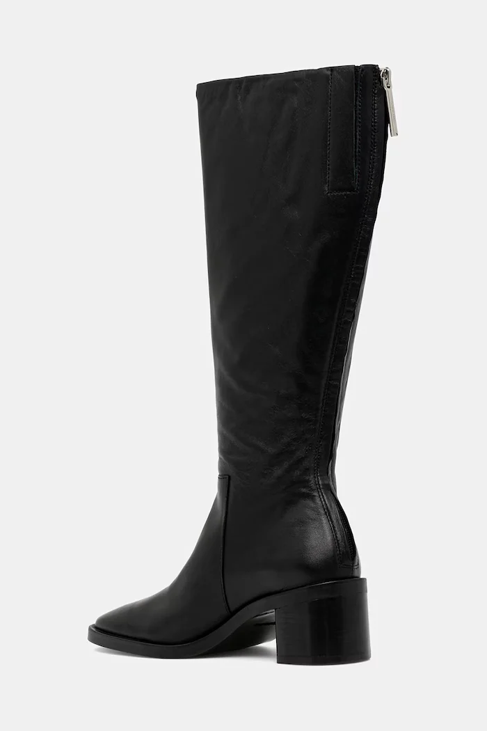 CALVIN KLEIN Кожени ботуши BLOCK HEEL KNEE BOOT LTH в черно с дебел ток HW0HW02812