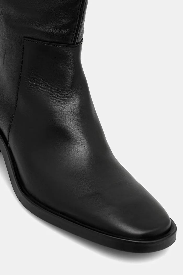 CALVIN KLEIN Кожени ботуши BLOCK HEEL KNEE BOOT LTH в черно с дебел ток HW0HW02812