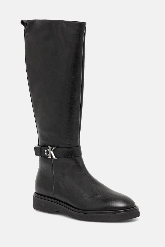 CALVIN KLEIN Кожени ботуши KNEE BOOT W/ METAL LOGO в черно с равна подметка HW0HW02665