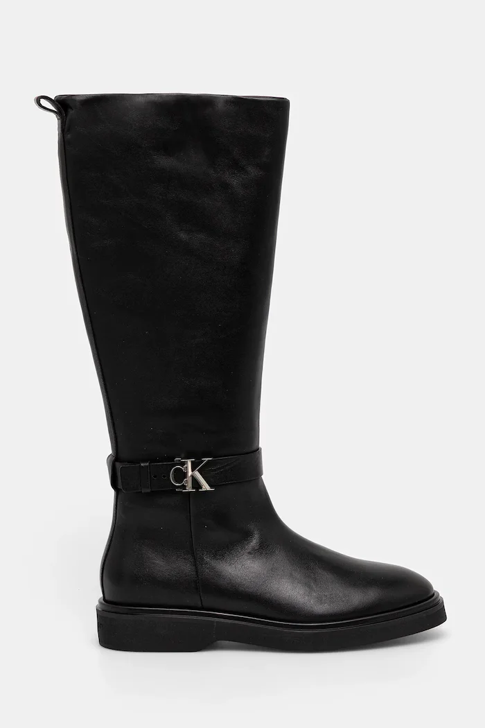 CALVIN KLEIN Кожени ботуши KNEE BOOT W/ METAL LOGO в черно с равна подметка HW0HW02665