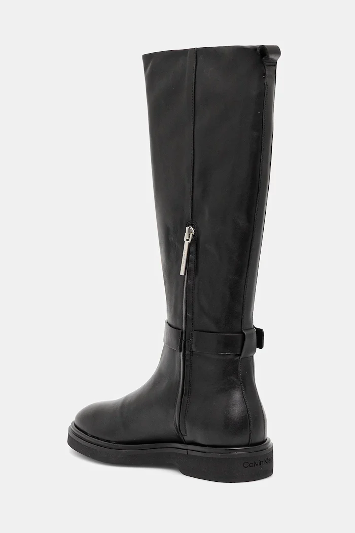 CALVIN KLEIN Кожени ботуши KNEE BOOT W/ METAL LOGO в черно с равна подметка HW0HW02665