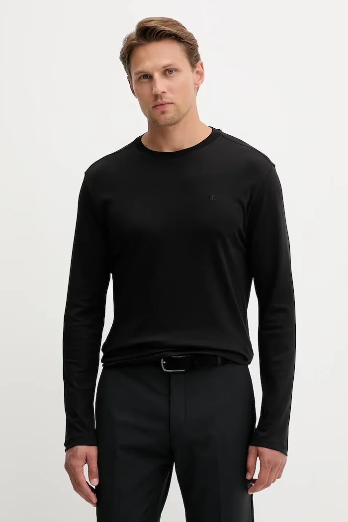 CALVIN KLEIN Памучна блуза с дълги ръкави в черно с изчистен дизайн LV04LD227G