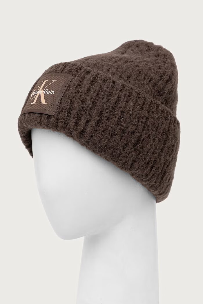 CALVIN KLEIN шапка beanie дамска с вълна кафява LV04F8104G