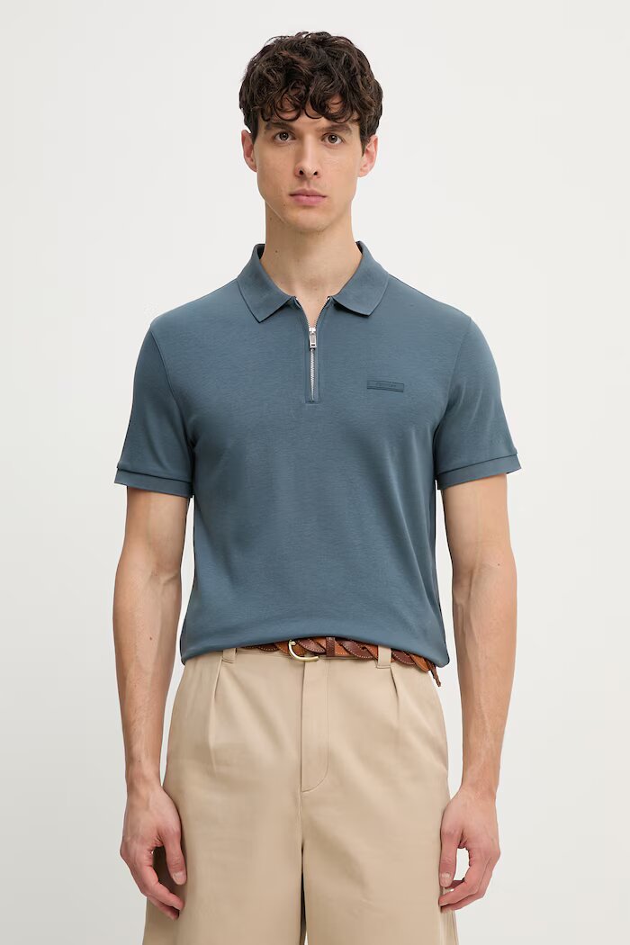 CALVIN KLEIN тениска с яка мъжка от памук тюркоазена LV04LE255G