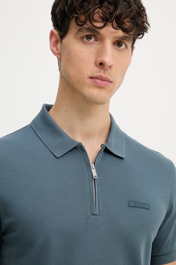 CALVIN KLEIN тениска с яка мъжка от памук тюркоазена LV04LE255G