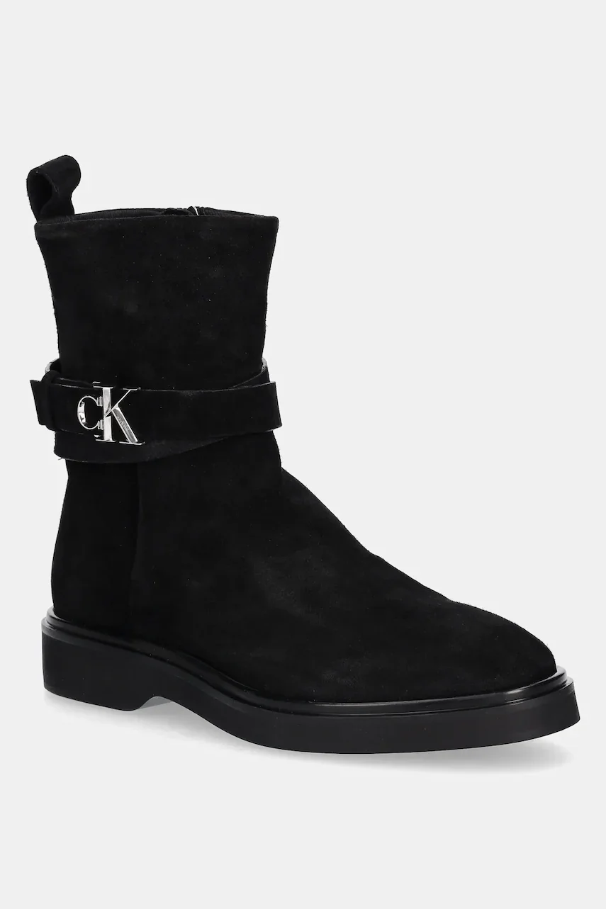 CALVIN KLEIN Велурени боти ANKLE BOOT W/ METAL LOGO SUE