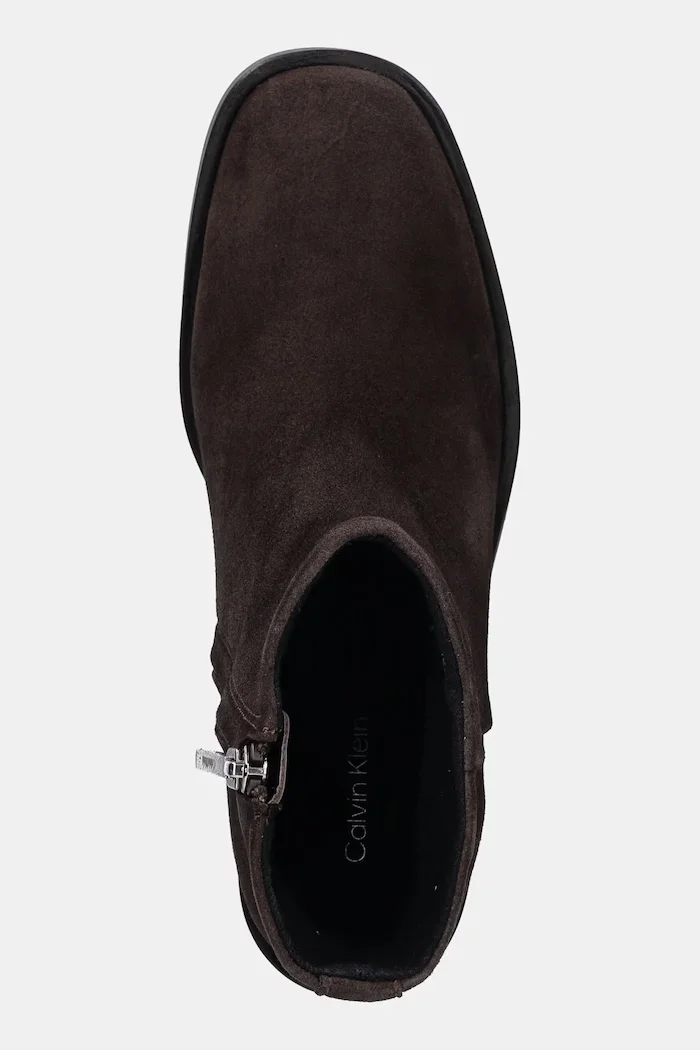 CALVIN KLEIN Велурени боти BLOCK HEEL ZIP BOOT SUE в кафяво с дебел ток HW0HW02592