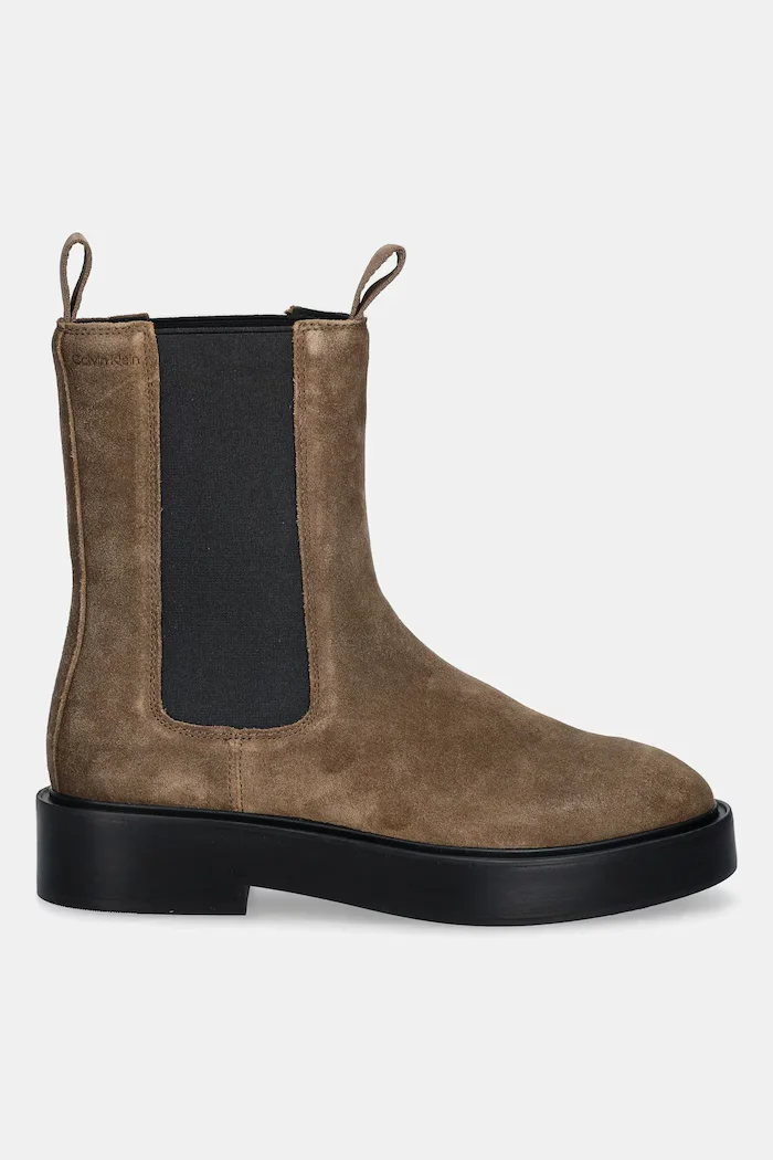 CALVIN KLEIN Велурени боти челси CONVAVE WELT CHESEA SUEDE в кафяво с равна подметка YW0YW01969