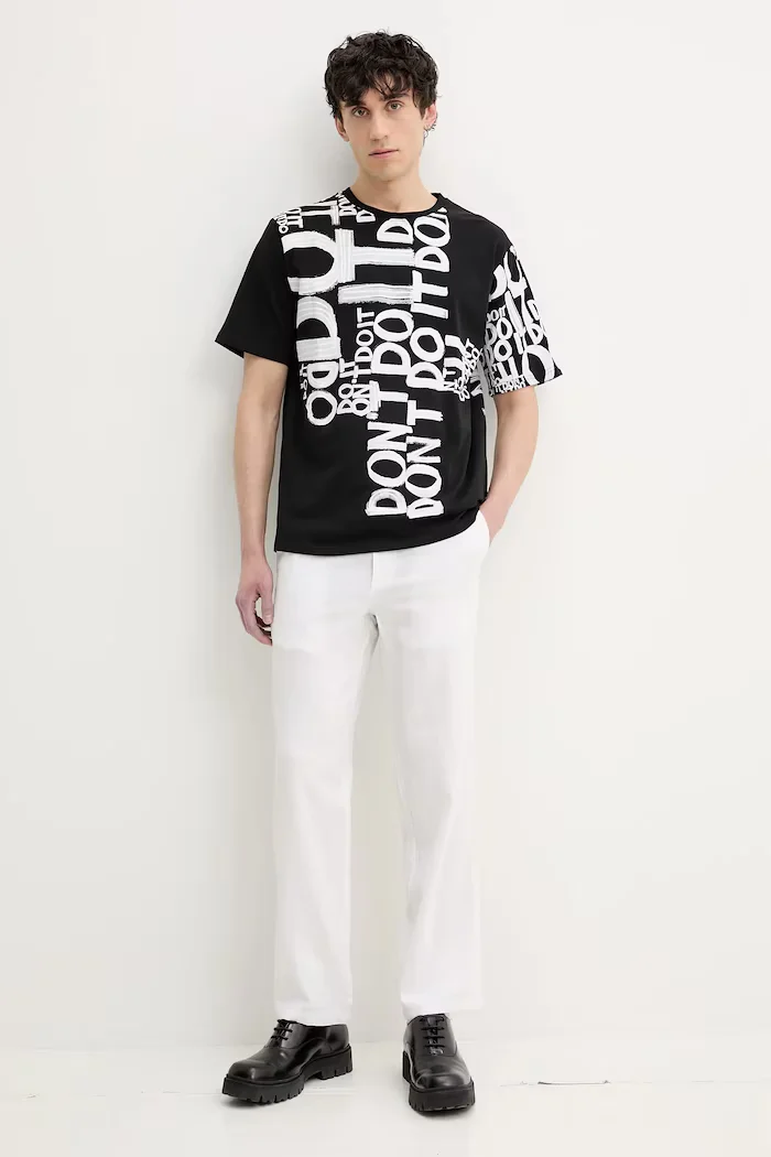 DESIGUAL Памучна тениска MAN MILAN в черно с десен 25SMTK20