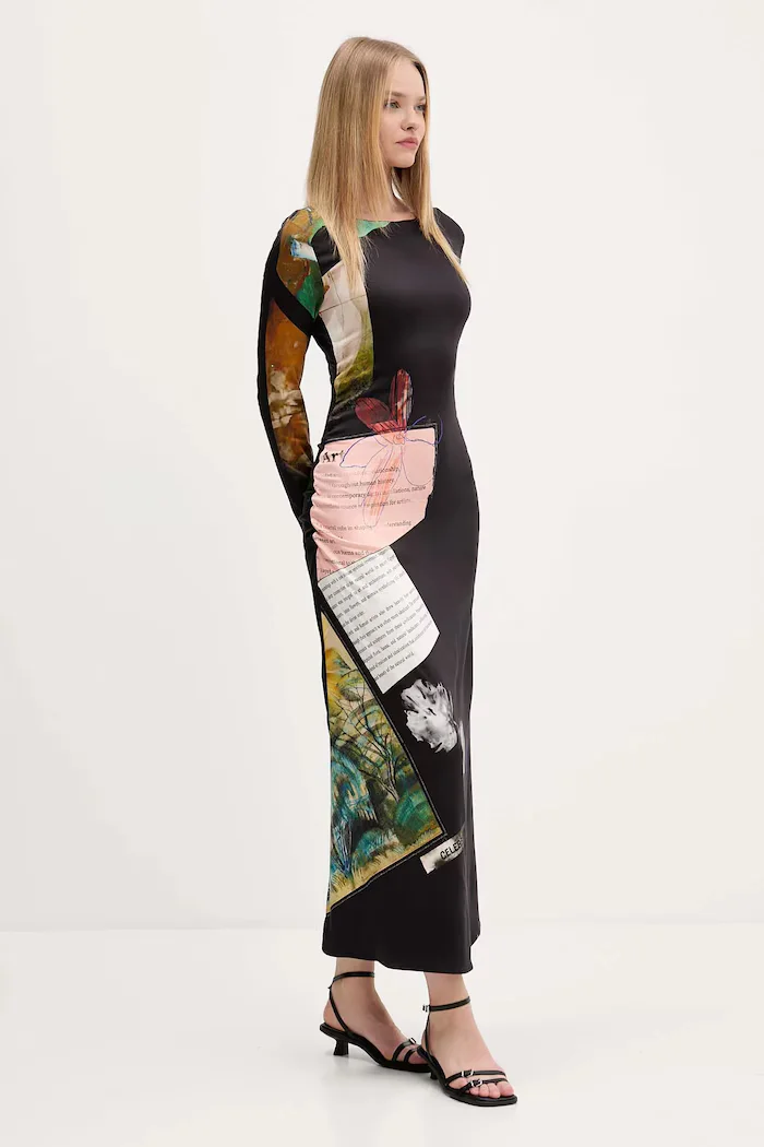 DESIGUAL Рокля PATCH FIONA в черно дълга разкроена 25WWVW08