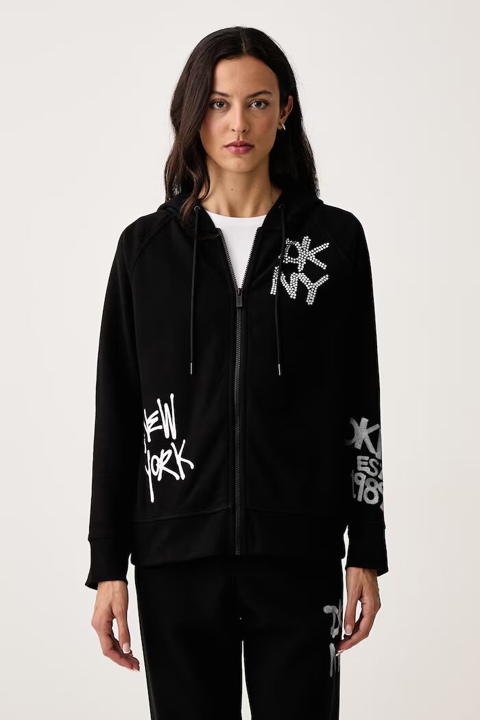 DKNY суичър с качулка дамски с памук черен DP6J9766