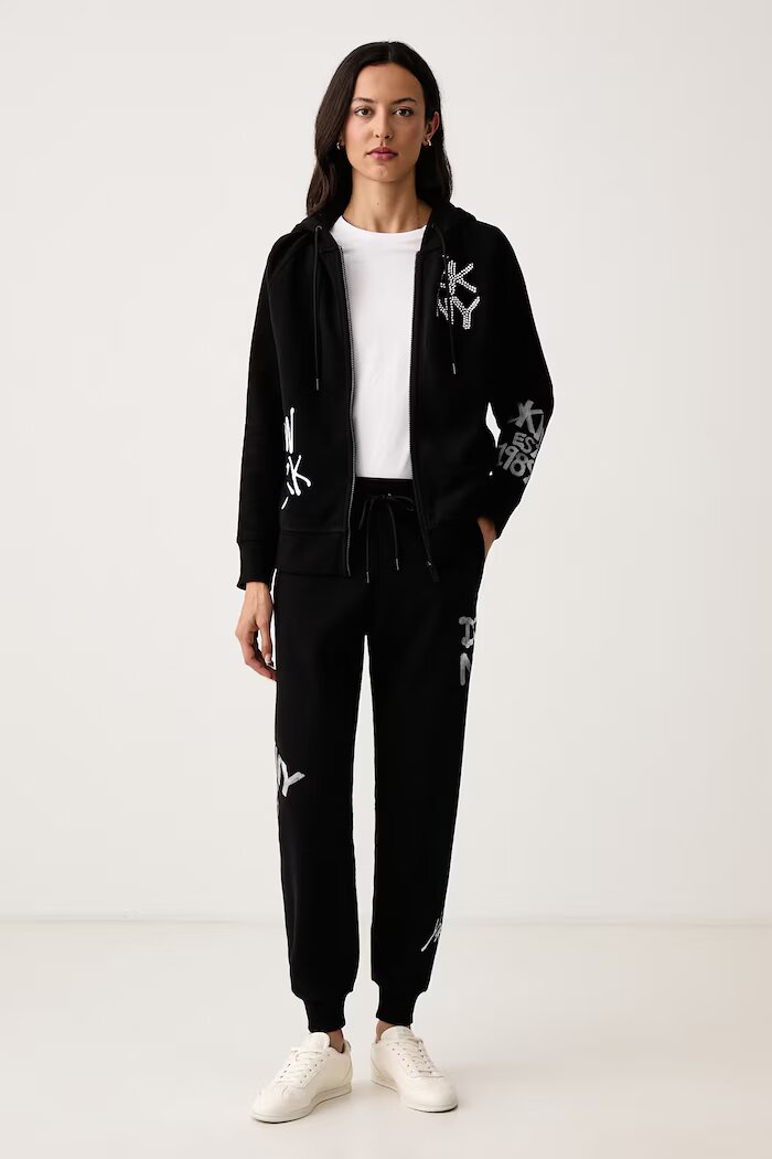 DKNY суичър с качулка дамски с памук черен DP6J9766
