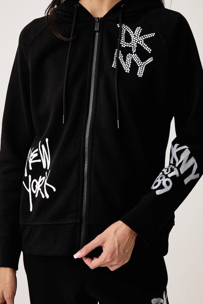 DKNY суичър с качулка дамски с памук черен DP6J9766