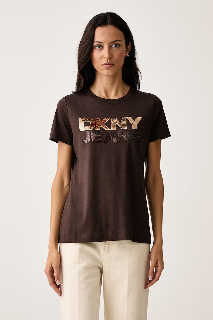 DKNY тениска дамска с памук кафява DJ6T1846