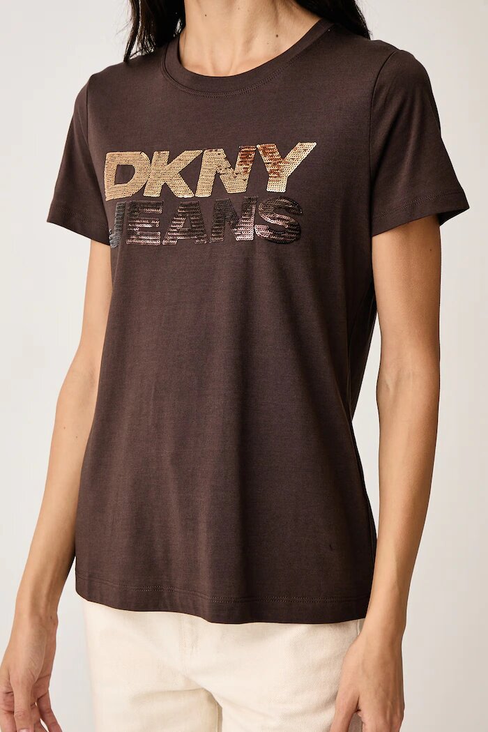 DKNY тениска дамска с памук кафява DJ6T1846