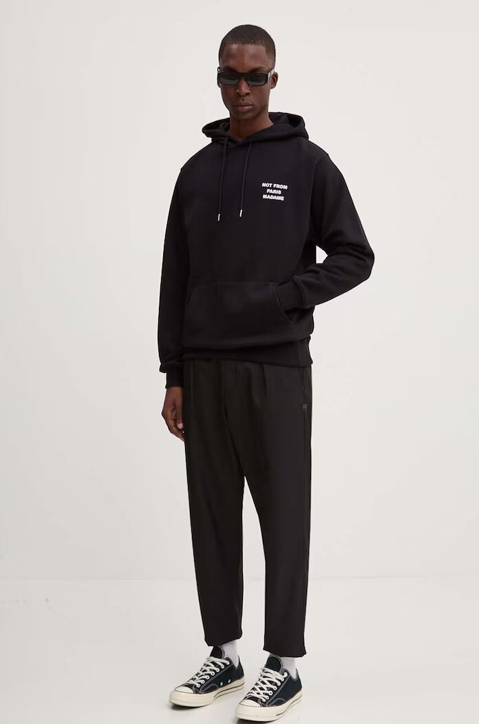 Drôle de Monsieur Памучен суичър Le Hoodie Slogan в черно с качулка с принт PERM-HO162-CO127-BL