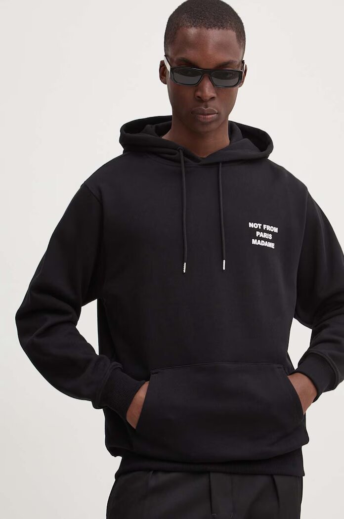 Drôle de Monsieur Памучен суичър Le Hoodie Slogan в черно с качулка с принт PERM-HO162-CO127-BL