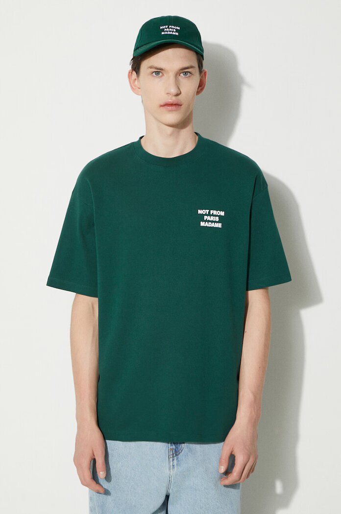 Drôle de Monsieur Памучна тениска Le T-Shirt Slogan в зелено с принт PERM-TS203-CO002-DGN