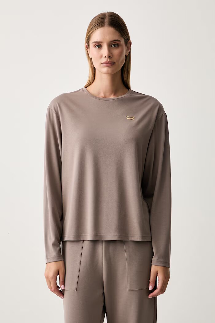 EA7 Emporio Armani блуза с дълги ръкави дамска с вискоза кафява AF13919.7W001652