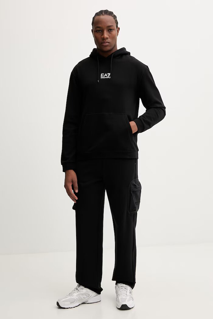 EA7 Emporio Armani Памучен суичър мъжки в черно с качулка с принт AF22266.7M001403
