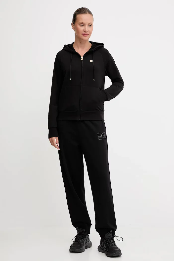EA7 Emporio Armani суичър с цип и качулка дамски с памук черен AF13135.7W000458