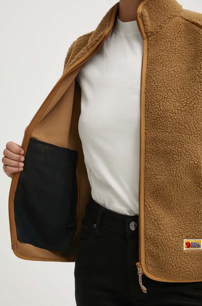 FjallRaven Поларен суичър Vardag Pile в кафяво с изчистен дизайн