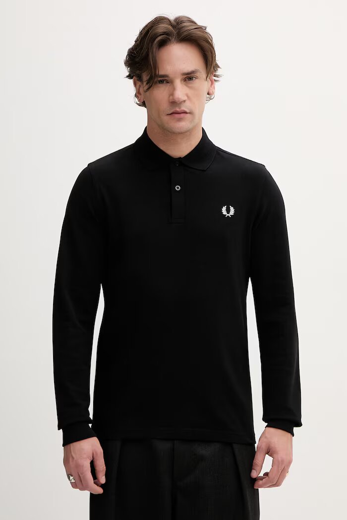 fred perry Памучна блуза с дълги ръкави в черно с изчистен дизайн M6006
