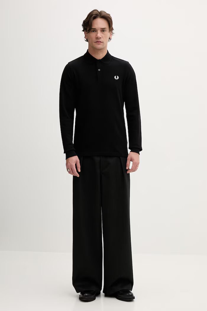 fred perry Памучна блуза с дълги ръкави в черно с изчистен дизайн M6006
