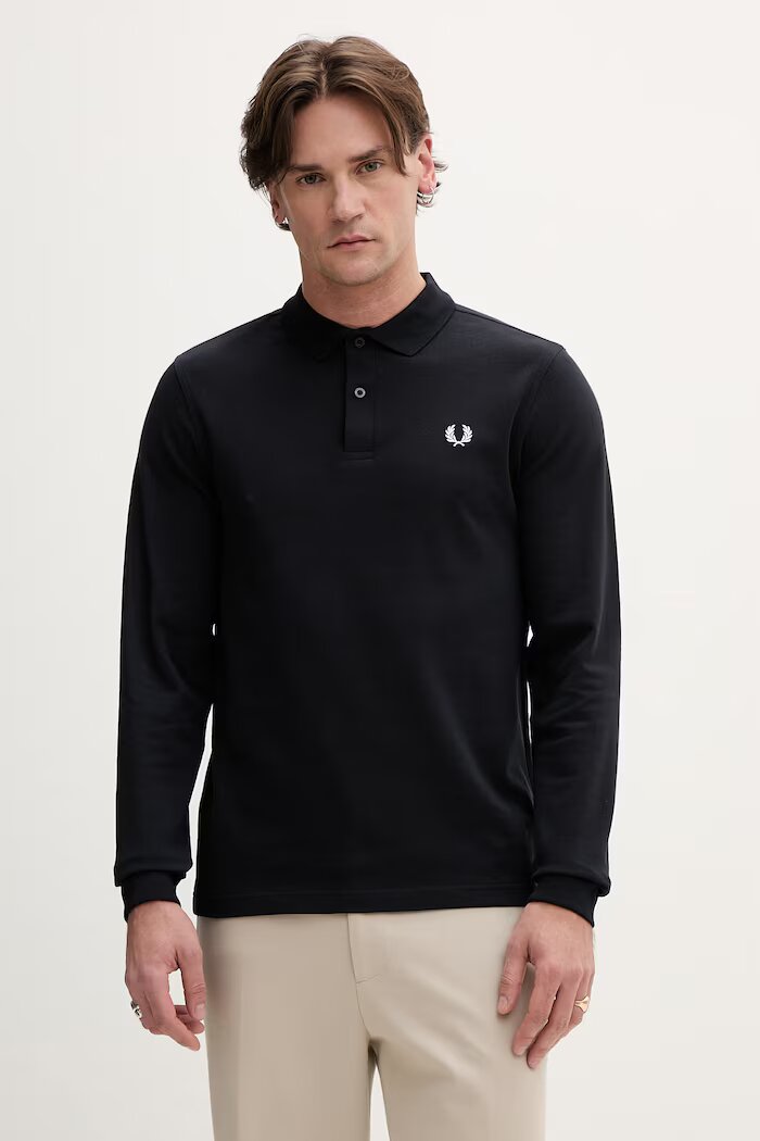 fred perry Памучна блуза с дълги ръкави в тъмносиньо с апликация M6006.608