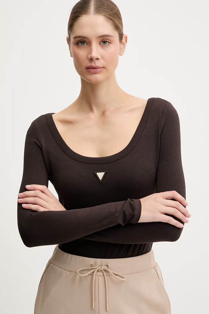 GUESS боди дамско от памук с еластан COLETTE кафяво V4YP07 J1314