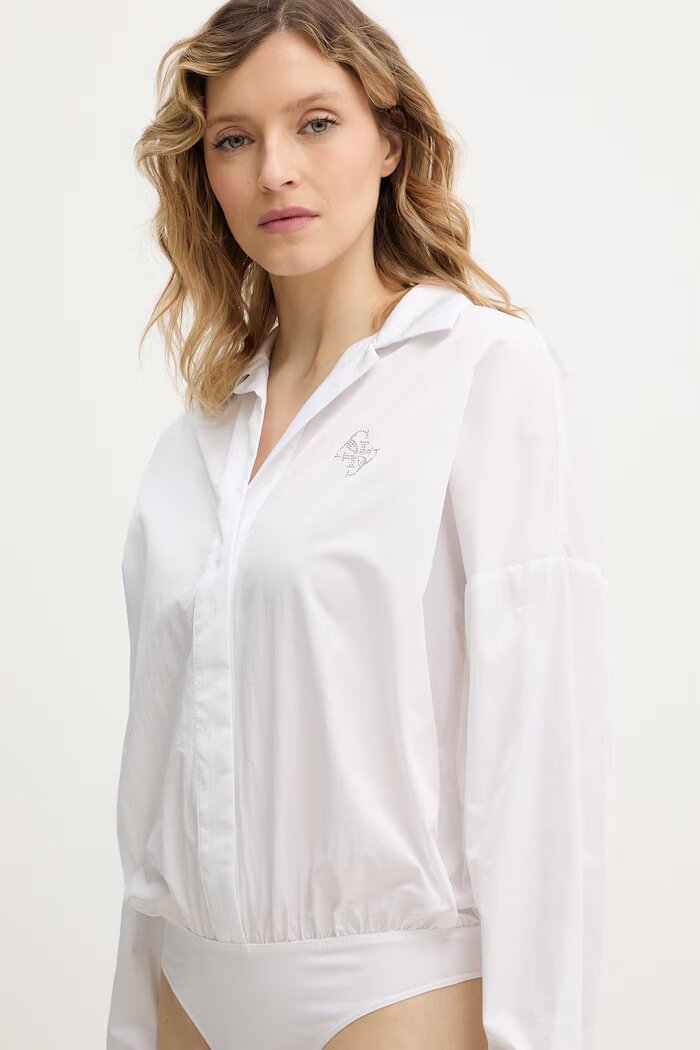 GUESS Боди с коприна CARMELA в бяло със свободна кройка с класическа яка W6RH61 WJ782