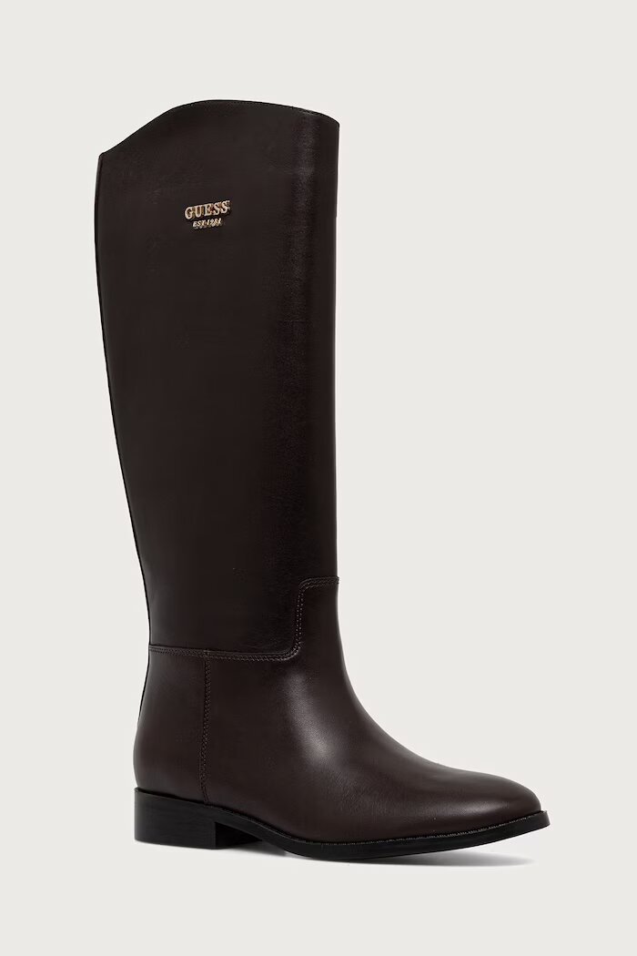 GUESS ботуши под коляното дамски от кожа NAURE кафяви FLFNAU LEA11