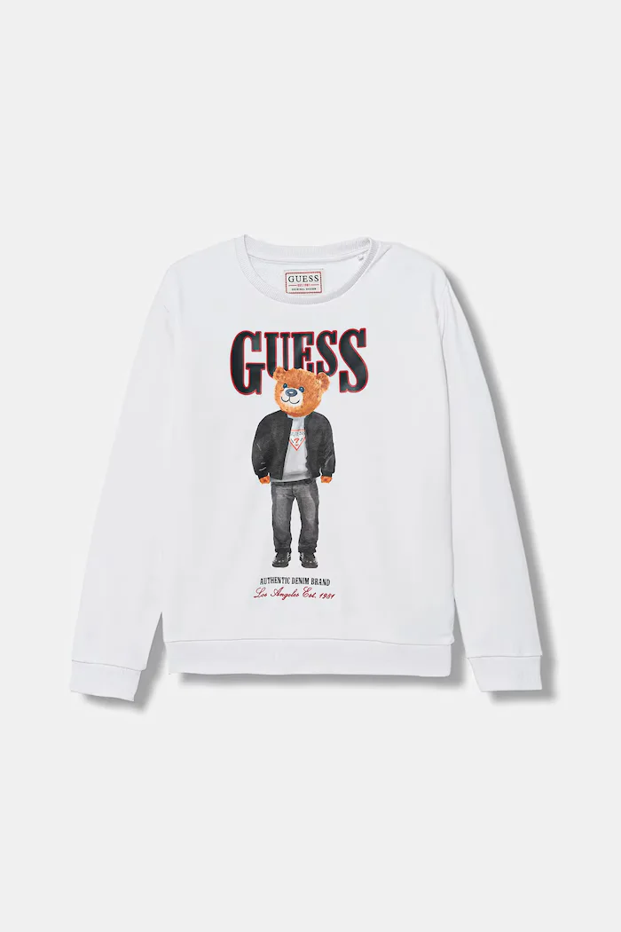 GUESS Детски памучен суичър в бяло с апликация L6RQ05 KAD74