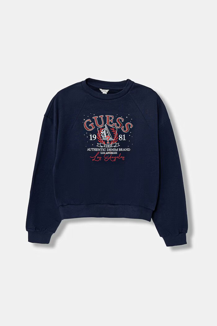 GUESS Детски памучен суичър в тъмносиньо с апликация J6RQ06 KAD74