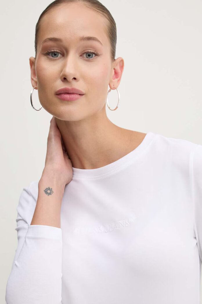 GUESS JEANS блуза с дълги ръкави дамска от памук с еластан бяла W4YI22 J1314