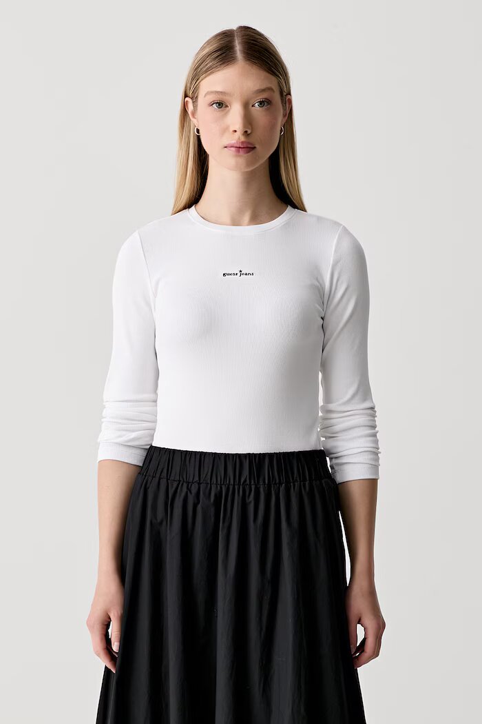 GUESS JEANS блуза с дълги ръкави дамска от памук с еластан бяла W6YP14 K3821