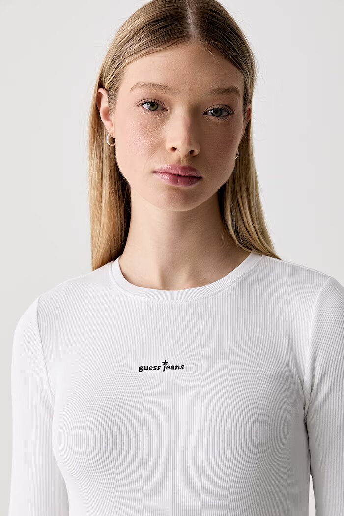 GUESS JEANS блуза с дълги ръкави дамска от памук с еластан бяла W6YP14 K3821