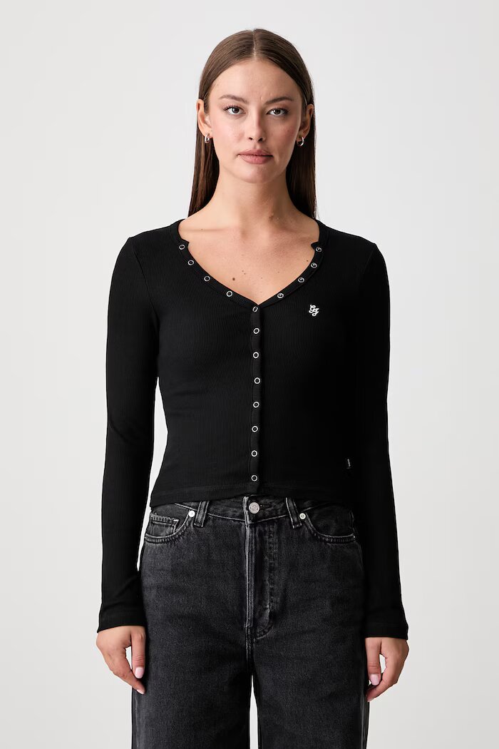 GUESS JEANS блуза с дълги ръкави дамска от памук с еластан черна W6YP03 K3647