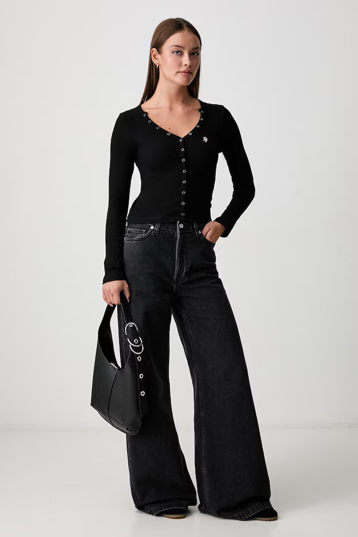 GUESS JEANS блуза с дълги ръкави дамска от памук с еластан черна W6YP03 K3647