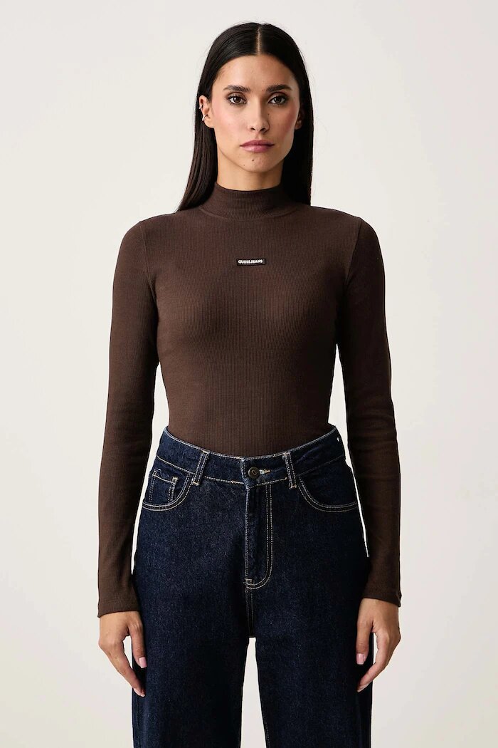 GUESS JEANS блуза с дълги ръкави дамска от памук с еластан кафява W6BP06 K5471