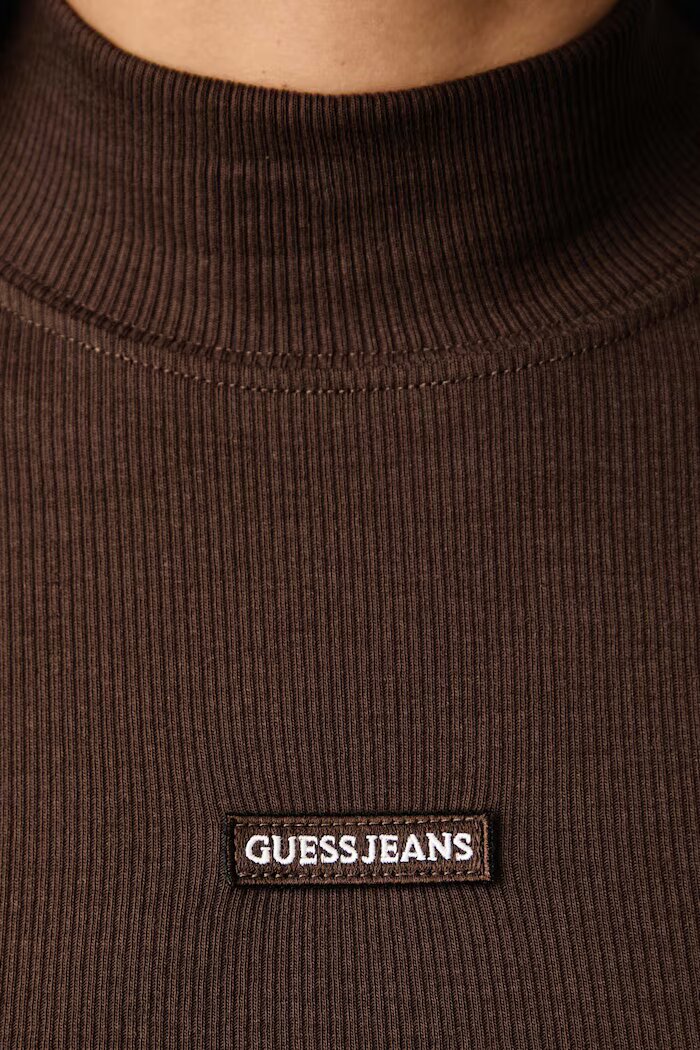 GUESS JEANS блуза с дълги ръкави дамска от памук с еластан кафява W6BP06 K5471