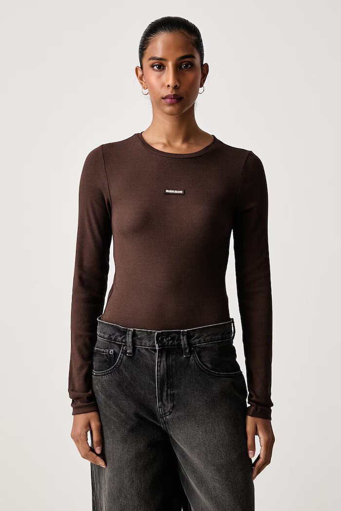 GUESS JEANS блуза с дълги ръкави дамска с памук кафява W6BP05 K5470