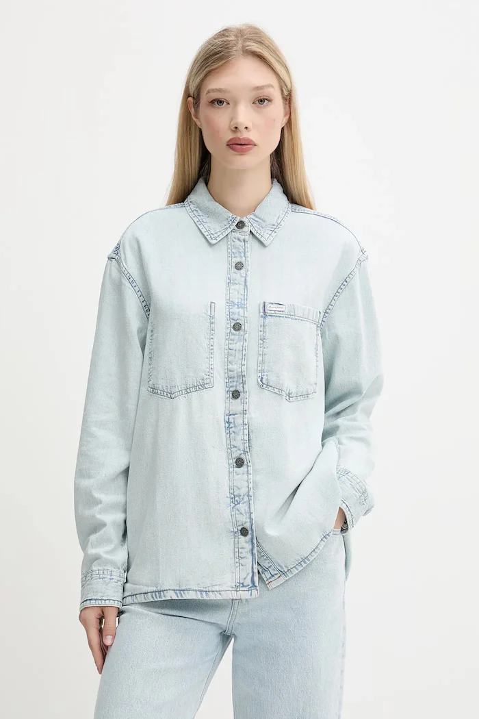 GUESS JEANS Дънкова риза дамска в синьо със свободна кройка с класическа яка W5GH0H D5M83