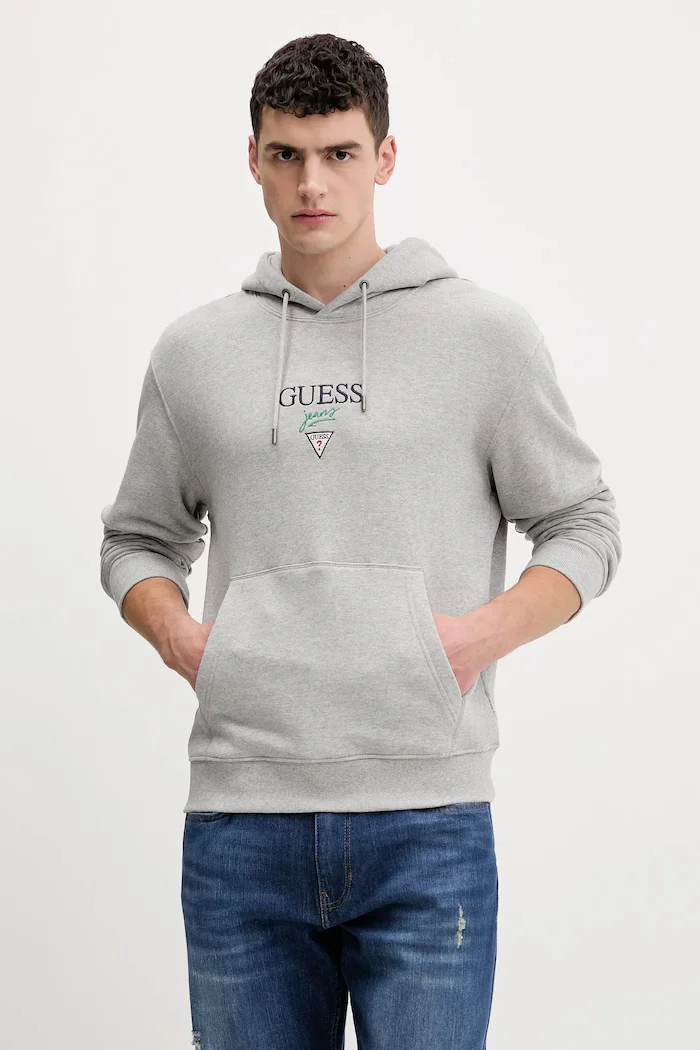 GUESS JEANS Памучен суичър мъжки в сиво с качулка с меланжов десен M6RQ26 KCPR1